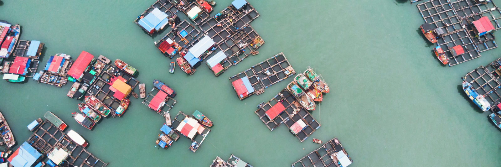 Aerial view of floating villages around Cat Ba islands. Cat Ba is the largest of the 366 islands, which make up the southeastern edge of Ha Long Bay in Vietnam