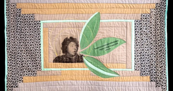 Quilt with image of Fannie Lou Hamer and leaves.