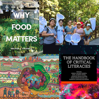 Collage of two book covers , a mural, and researchers conducting field work.