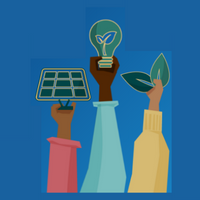 Illustration with hands hold a solar panel, lightbulb, and leaves.
