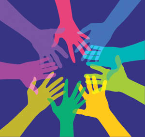 Colourful overlapping silhouettes of Hands forming a circle. EPS10 file, best in RGB, CS5 versions in zip