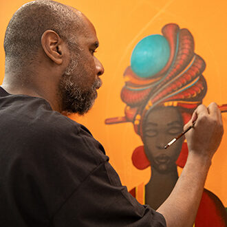 Artist Paul Lewin painted the new mural in the Sinsheimer Laboratories building.