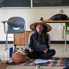 fahime fe associate professor of Critical Race and Ethnic Studies (CRES), teaching "CRES 113 Music + Performance," a newly created course in Black Studies. Last July, ife and Sophia Azeb, assistant professor of CRES, started at UCSC. Both are designated faculty members for the Black Studies program. Photos by Carolyn Lagattuta.