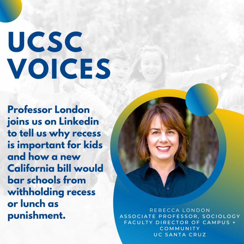 Image of Professor Rebecca London with a summary of the UC VOICES article. 